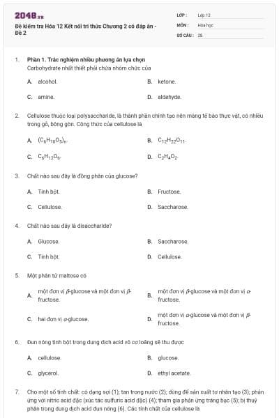 Đề kiểm tra Hóa 12 Kết nối tri thức Chương 2 có đáp án - Đề 2