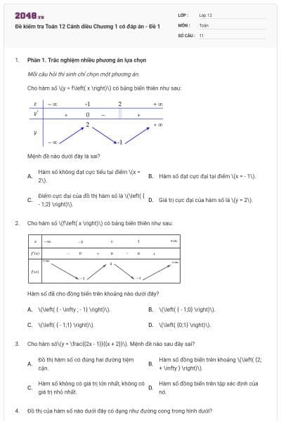 Đề kiểm tra Toán 12 Cánh diều Chương 1 có đáp án - Đề 1