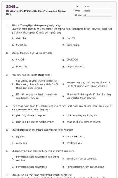 Đề kiểm tra Hóa 12 Kết nối tri thức Chương 4 có đáp án - Đề 2