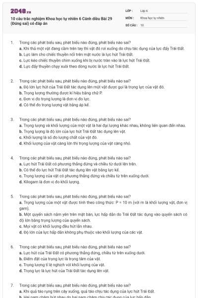 10 câu trắc nghiệm Khoa học tự nhiên 6 Cánh diều Bài 29 (Đúng sai) có đáp án