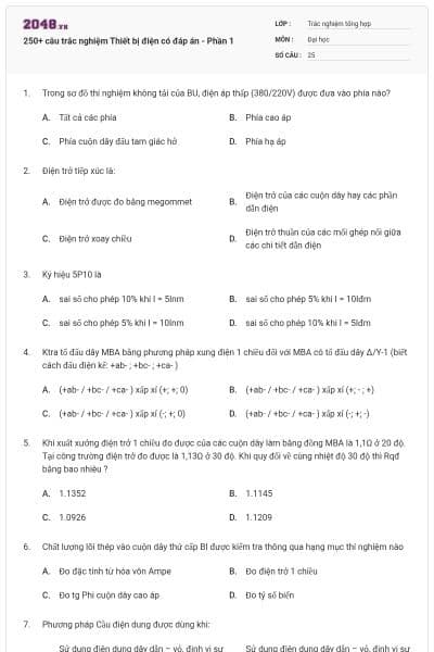 250+ câu trắc nghiệm Thiết bị điện có đáp án - Phần 1
