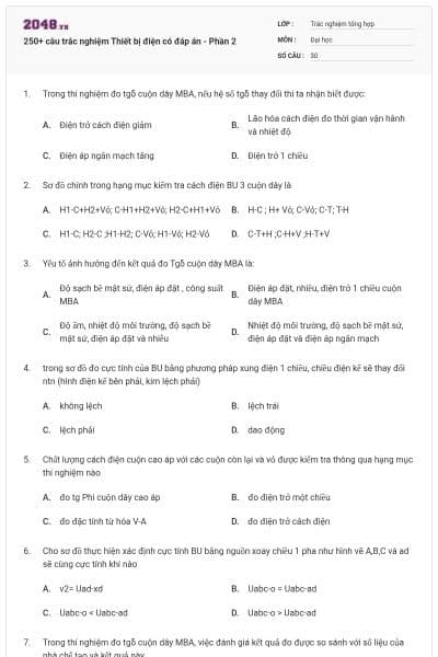 250+ câu trắc nghiệm Thiết bị điện có đáp án - Phần 2