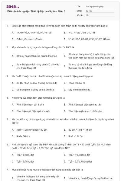 250+ câu trắc nghiệm Thiết bị điện có đáp án - Phần 3