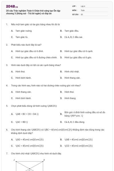 20 câu Trắc nghiệm Toán 6 Chân trời sáng tạo Ôn tập chương 3 (Đúng sai - Trả lời ngắn) có đáp án