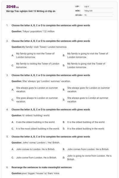 Bài tập Trắc nghiệm Unit 15 Writing có đáp án