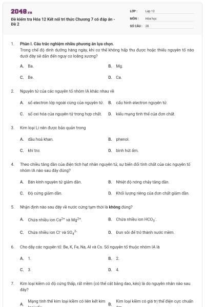 Đề kiểm tra Hóa 12 Kết nối tri thức Chương 7 có đáp án - Đề 2