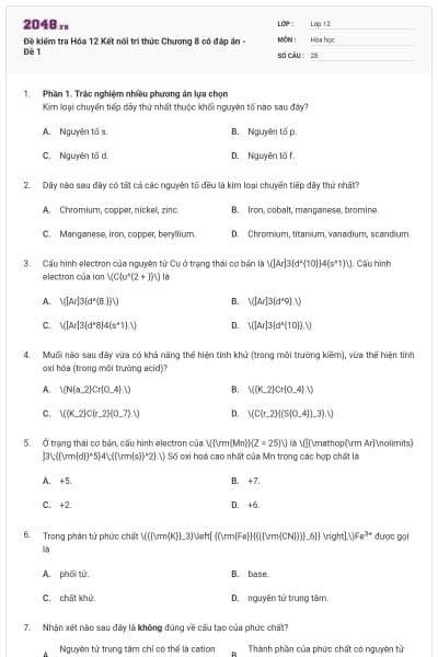 Đề kiểm tra Hóa 12 Kết nối tri thức Chương 8 có đáp án - Đề 1