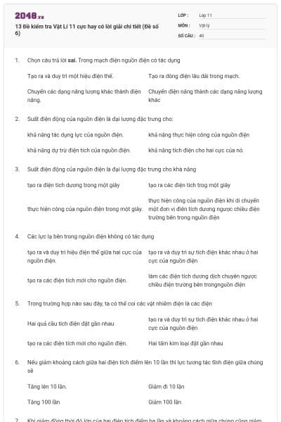 13 Đề kiểm tra Vật Lí 11 cực hay có lời giải chi tiết (Đề số 6)