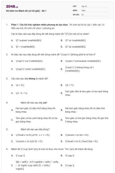 Đề kiểm tra Mệnh đề (có lời giải) - Đề 1