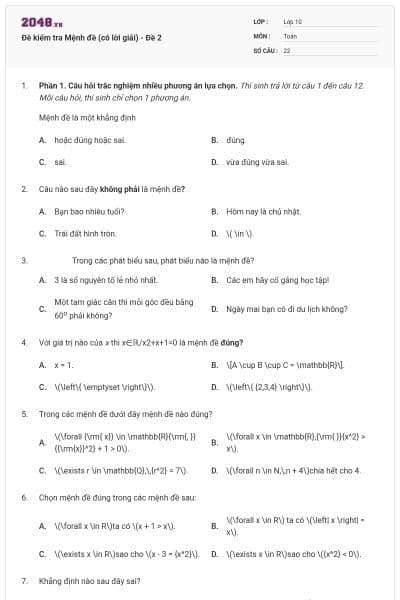Đề kiểm tra Mệnh đề (có lời giải) - Đề 2