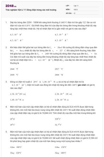 Trắc nghiệm Vật Lí 11 Dòng điện trong các môi trường