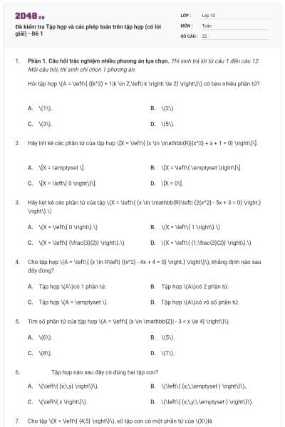 Đề kiểm tra Tập hợp và các phép toán trên tập hợp (có lời giải) - Đề 1