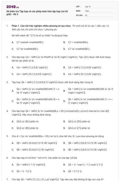 Đề kiểm tra Tập hợp và các phép toán trên tập hợp (có lời giải) - Đề 2