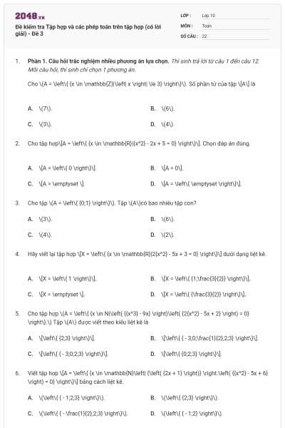 Đề kiểm tra Tập hợp và các phép toán trên tập hợp (có lời giải) - Đề 3