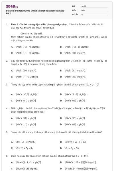 Đề kiểm tra Bất phương trình bậc nhất hai ẩn (có lời giải) - Đề 2