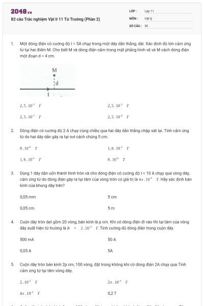 82 câu Trắc nghiệm Vật lí 11 Từ Trường (Phần 2)
