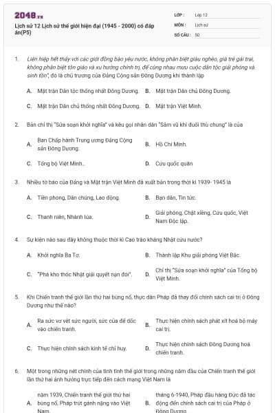 Lịch sử 12 Lịch sử thế giới hiện đại (1945 - 2000) có đáp án(P5)