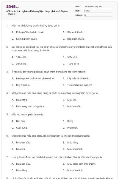 600+ câu trắc nghiệm Kiểm nghiệm dược phẩm có đáp án - Phần 3
