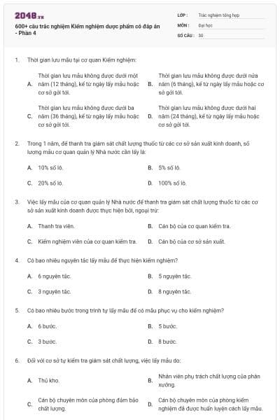 600+ câu trắc nghiệm Kiểm nghiệm dược phẩm có đáp án - Phần 4