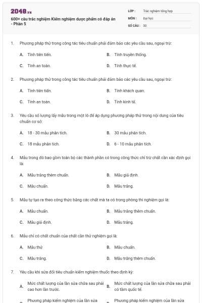 600+ câu trắc nghiệm Kiểm nghiệm dược phẩm có đáp án - Phần 5