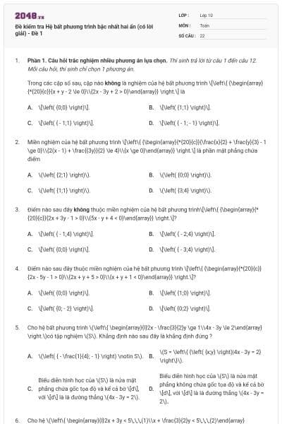 Đề kiểm tra Hệ bất phương trình bậc nhất hai ẩn (có lời giải) - Đề 1