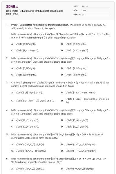 Đề kiểm tra Hệ bất phương trình bậc nhất hai ẩn (có lời giải) - Đề 2