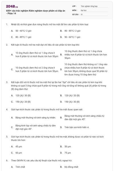 600+ câu trắc nghiệm Kiểm nghiệm dược phẩm có đáp án - Phần 14
