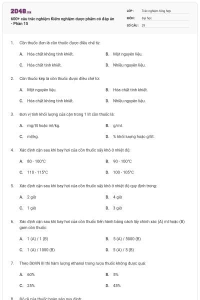 600+ câu trắc nghiệm Kiểm nghiệm dược phẩm có đáp án - Phần 15