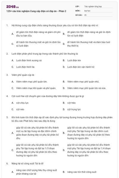 125+ câu trắc nghiệm Cung cấp điện có đáp án - Phần 2