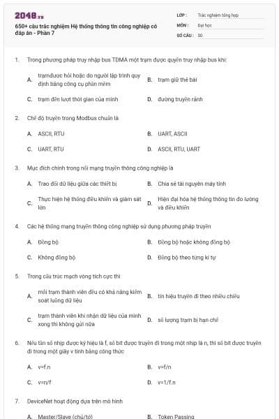 650+ câu trắc nghiệm Hệ thống thông tin công nghiệp có đáp án - Phần 7