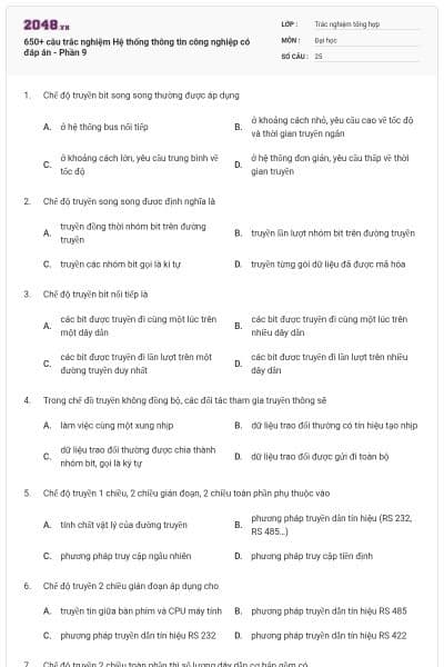 650+ câu trắc nghiệm Hệ thống thông tin công nghiệp có đáp án - Phần 9