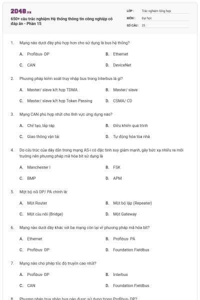 650+ câu trắc nghiệm Hệ thống thông tin công nghiệp có đáp án - Phần 15