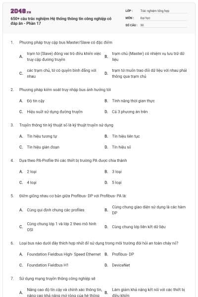 650+ câu trắc nghiệm Hệ thống thông tin công nghiệp có đáp án - Phần 17