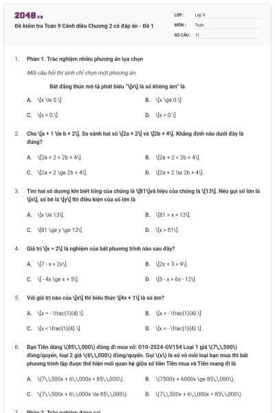 Đề kiểm tra Toán 9 Cánh diều Chương 2 có đáp án - Đề 1