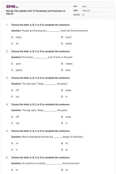 Bài tập Trắc nghiệm Unit 16 Vocabulary and Grammar có đáp án