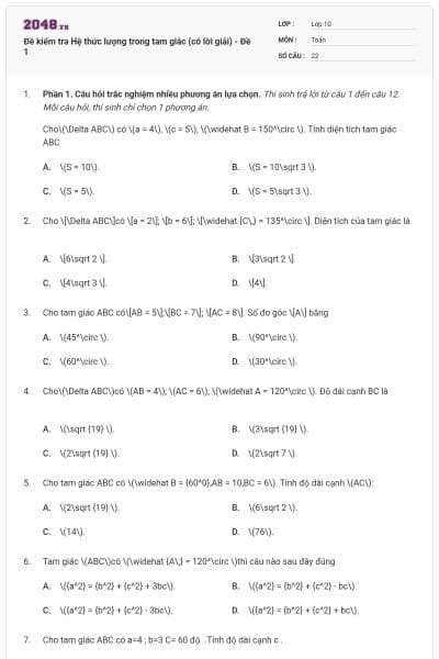 Đề kiểm tra Hệ thức lượng trong tam giác (có lời giải) - Đề 1