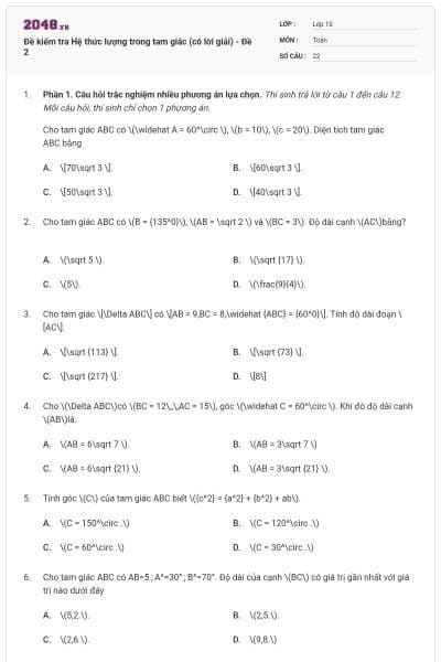 Đề kiểm tra Hệ thức lượng trong tam giác (có lời giải) - Đề 2