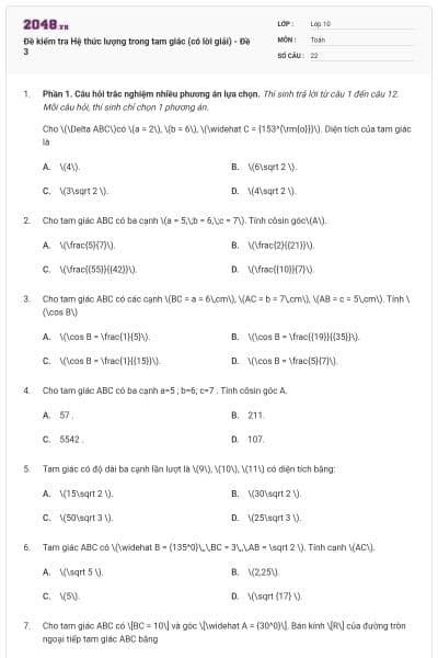 Đề kiểm tra Hệ thức lượng trong tam giác (có lời giải) - Đề 3