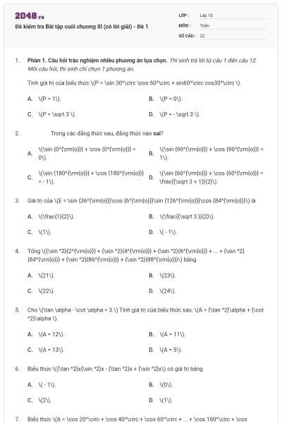 Đề kiểm tra Bài tập cuối chương III (có lời giải) - Đề 1