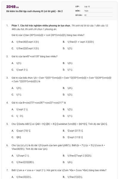 Đề kiểm tra Bài tập cuối chương III (có lời giải) - Đề 2