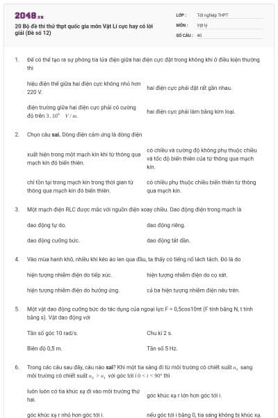 20 Bộ đề thi thử thpt quốc gia môn Vật Lí cực hay có lời giải (Đề số 12)