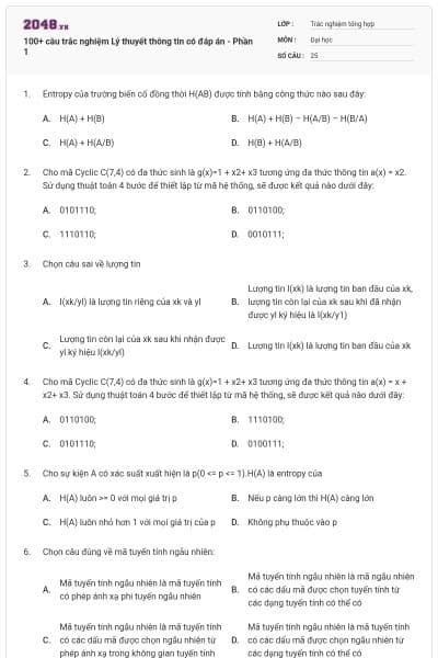 100+ câu trắc nghiệm Lý thuyết thông tin có đáp án - Phần 1