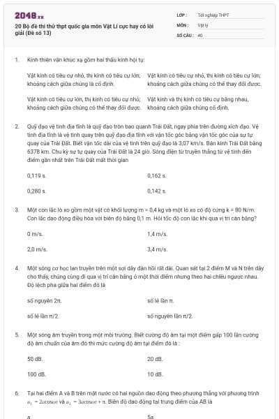 20 Bộ đề thi thử thpt quốc gia môn Vật Lí cực hay có lời giải (Đề số 13)