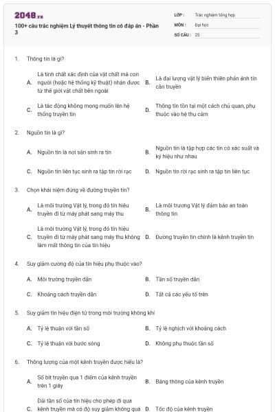 100+ câu trắc nghiệm Lý thuyết thông tin có đáp án - Phần 3