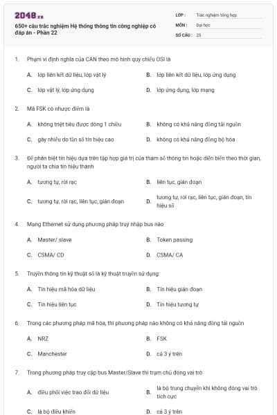650+ câu trắc nghiệm Hệ thống thông tin công nghiệp có đáp án - Phần 22