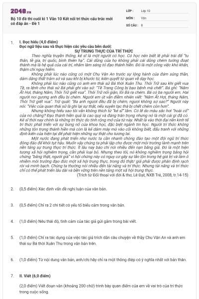 Bộ 10 đề thi cuối kì 1 Văn 10 Kết nối tri thức cấu trúc mới có đáp án - Đề 1