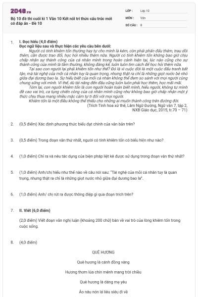 Bộ 10 đề thi cuối kì 1 Văn 10 Kết nối tri thức cấu trúc mới có đáp án - Đề 10