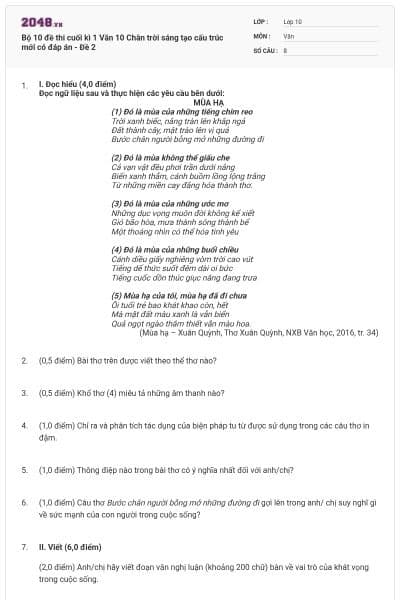 Bộ 10 đề thi cuối kì 1 Văn 10 Chân trời sáng tạo cấu trúc mới có đáp án - Đề 2