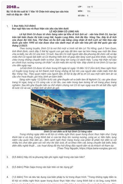 Bộ 10 đề thi cuối kì 1 Văn 10 Chân trời sáng tạo cấu trúc mới có đáp án - Đề 4