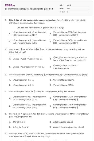 Đề kiểm tra Tổng và hiệu của hai vectơ (có lời giải) - Đề 1